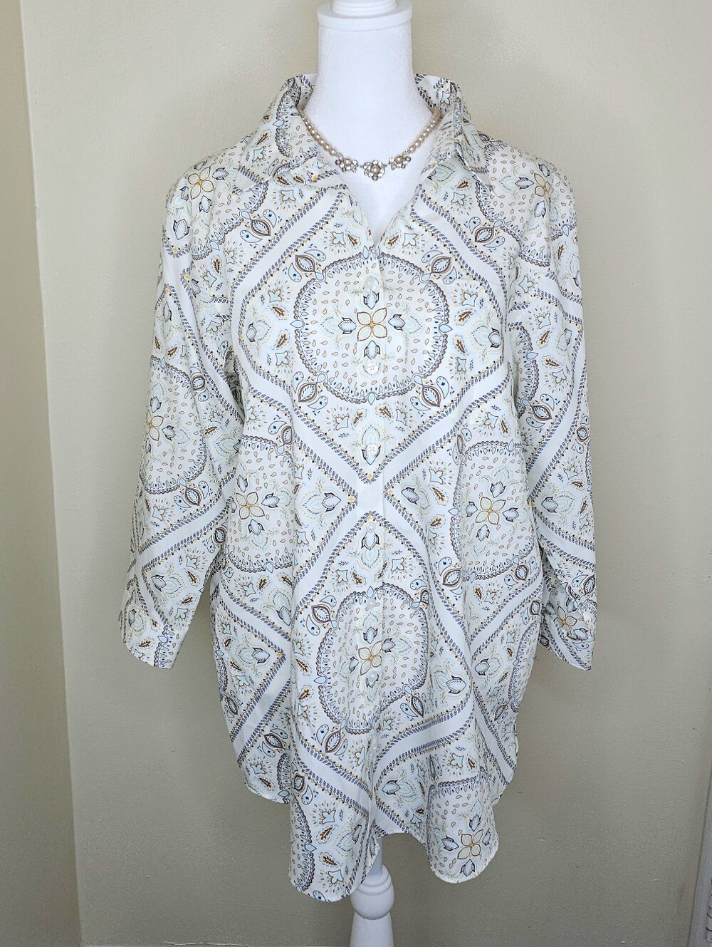 Lands’ End No Iron Supima Cotton Bandana Paisley Medallion Shirt 14P Petite